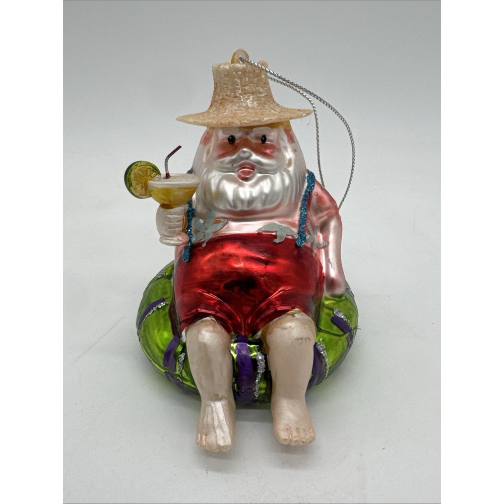 Holiday Home‎ Santa On Inter tube With Drink Blown Glass Ornament Pool Beach